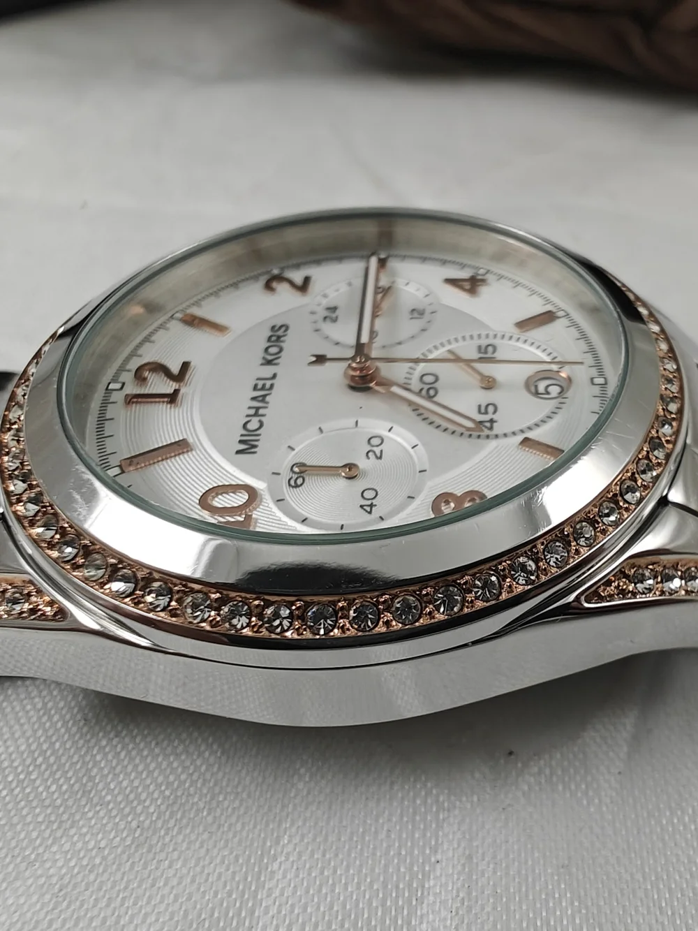 Michael Kors Women's Silver and Rose Gold-Tone Chronograph Watch NEW BATTERY